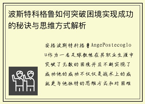 波斯特科格鲁如何突破困境实现成功的秘诀与思维方式解析
