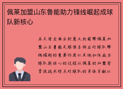 佩莱加盟山东鲁能助力锋线崛起成球队新核心