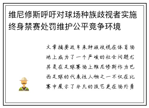 维尼修斯呼吁对球场种族歧视者实施终身禁赛处罚维护公平竞争环境
