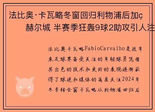 法比奥·卡瓦略冬窗回归利物浦后加盟赫尔城 半赛季狂轰9球2助攻引人注目 法比奥·卡瓦略冬窗回归利物浦后加盟赫尔城 半赛季狂轰9球2助攻引人注目